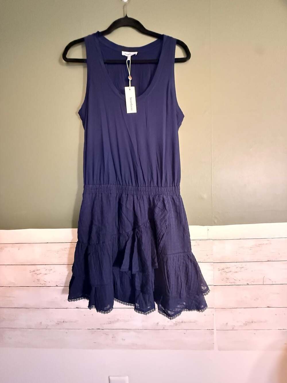 Heartloom‎ Katy Dress Navy Blue Tiered Ruffle Lace Trim V-Neck Sleeveless Medium